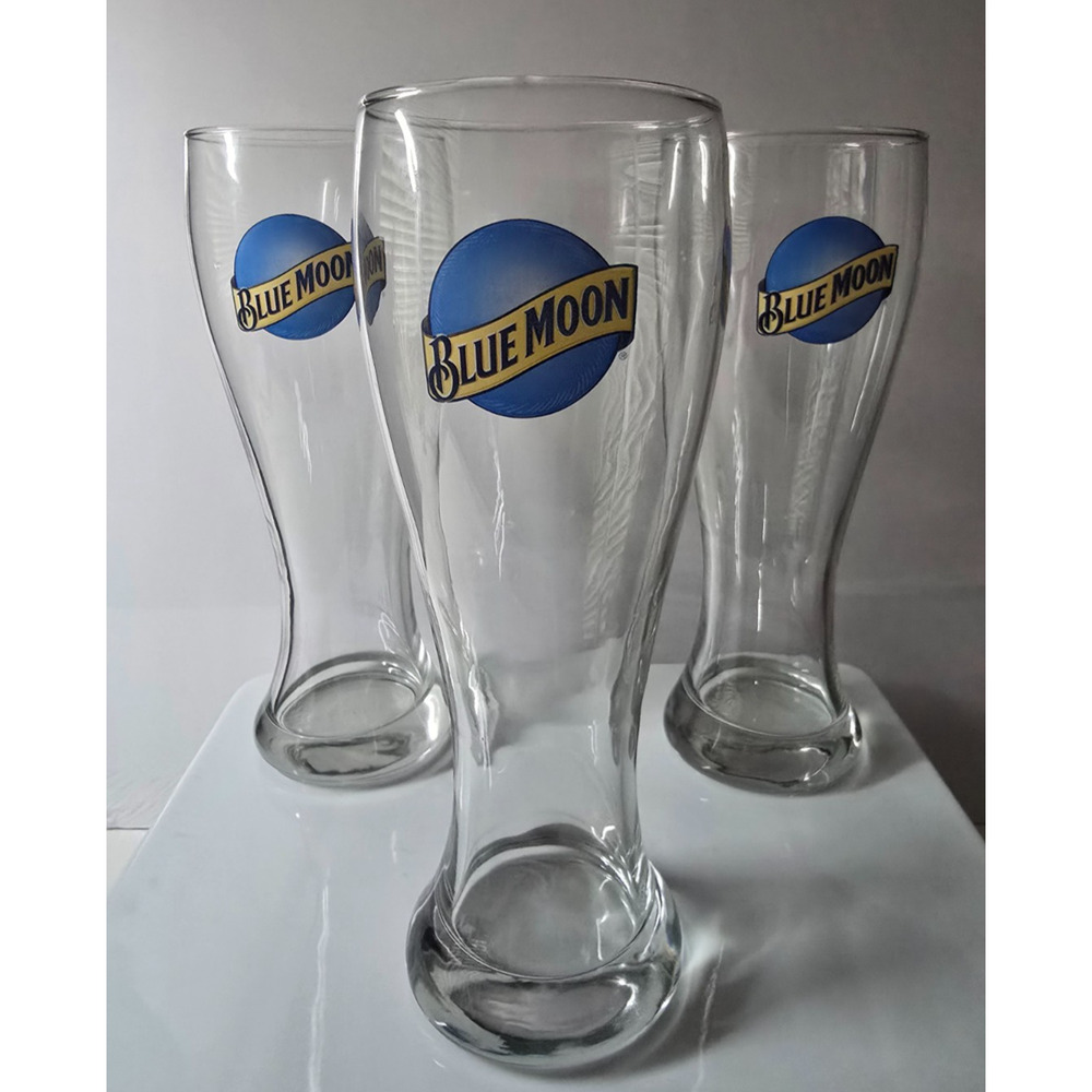 Set of 3 Blue Moon Tall Pilsner Beer Glasses 23 oz. Heavy Bottom 9” Tall